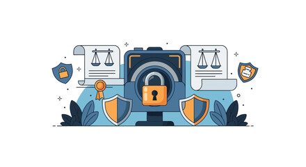 Naklejka premium Cybersecurity Legal Protection and Data Privacy Concept Vector Illustration