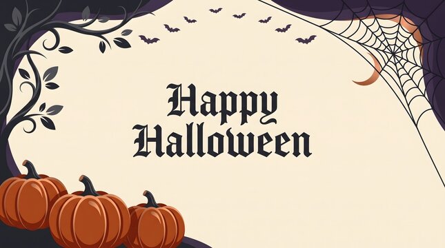 Happy halloween greeting with pumpkins spiderweb and bats vector illustration