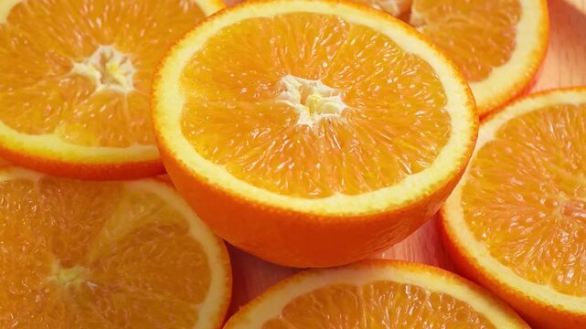 Sliced orange rotation on wooden plate.