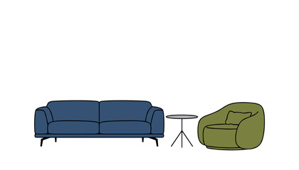 Fototapeta premium Minimalist living room furniture set featuring a modern blue sofa, a small round side table, and a comfortable olive green armchair.
