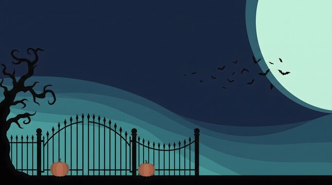 Halloween scene with spooky gate pumpkins and full moon vector illustration