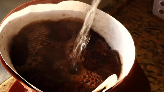 Close-up of pouring hot water over fresh coffee grounds in a paper filter. Brewing a fresh cup of traditional pour-over drip coffee with steam