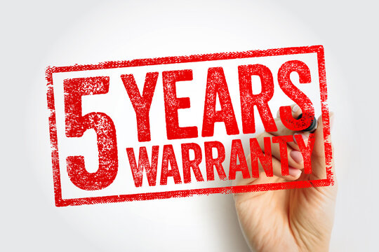 5 YEARS WARRANTY stamp applies the marking tool, emphasizing assurance, trust, durability and product reliability for consumer goods, services or support materials