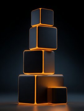 Stacked dark cubes with illuminated orange edges on a reflective surface
