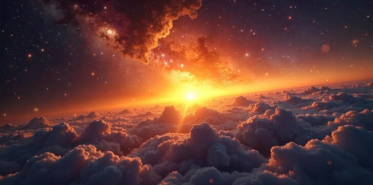 Golden sunrise paints the vast, star-studded expanse of a cosmic dawn, nebulae swirling in a breathtaking celestial ballet New day in the universe, ethereal beauty, cosmic wonder , dawn, nebulae