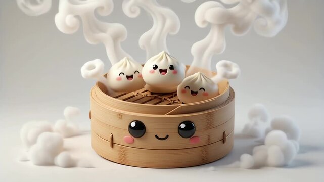 Steaming bamboo dumpling basket character with happy faces animated footage