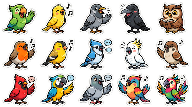 Cartoon birds singing and talking with musical notes