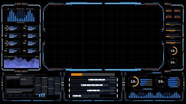 Dynamic futuristic data frame with animated charts and digital interface elements illustrates business performance, market trends, technology development, and innovative data visualization for modern 