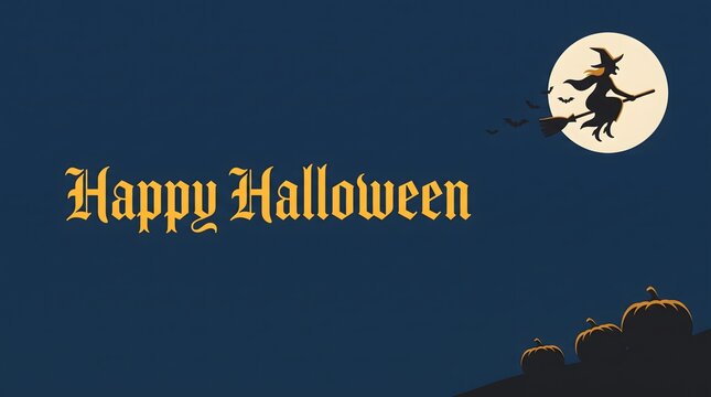 Happy halloween illustration with witch on broom and pumpkins dark blue background