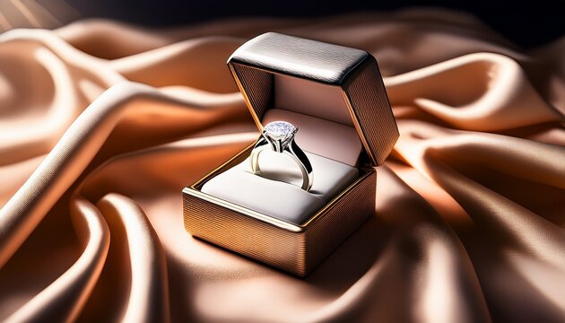 modern diamond ring display box on flowing silk cloth cinematic shadows ultra realistic commercial