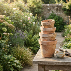 Fototapeta premium Five terracotta pots stacked beside a trowel and bowl on a weathered garden table