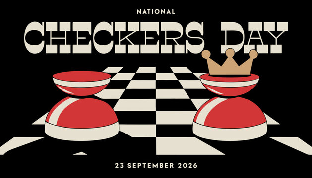 National checkers day graphic featuring red pieces on black white board