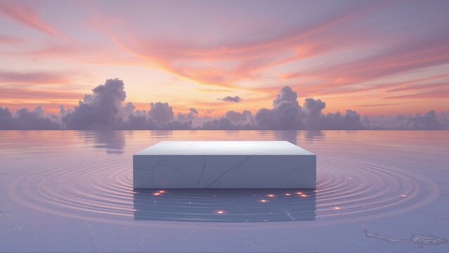 Minimalist platform floats on water. Sunset sky creates soft, dreamy atmosphere. Ripples radiate from cubes base. Calm, serene scene.