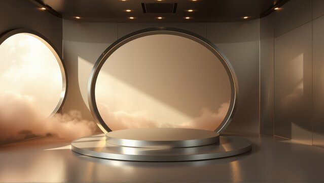Minimalist stage design. Circular openings reveal clouds. Metallic platform illuminated by spotlights. Dramatic lighting creates modern ambiance.
