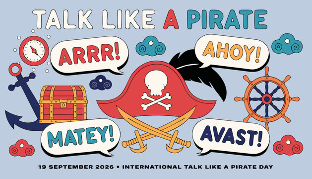 Colorful pirate themed illustration featuring speech bubbles and classic seafaring elements