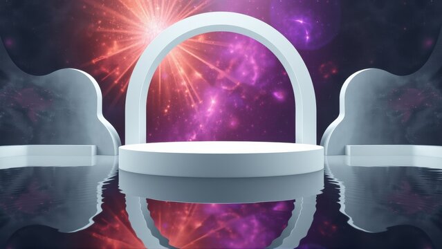 White pedestal reflects vibrant cosmic scene. Purple, red nebula bursts behind circular stage. Dramatic lighting creates futuristic presentation space.