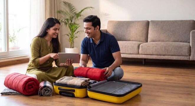 Modern Indian couple packing suitcase and using tablet for winter travel planning at home