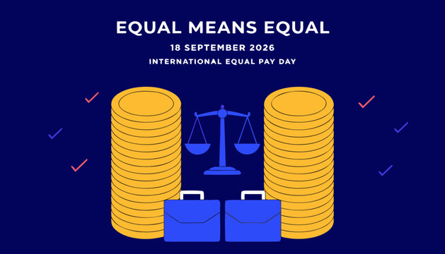 Equal pay day graphic featuring gold coin stacks and justice scales