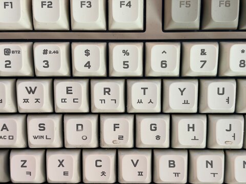 Close-up of a beige mechanical keyboard with dual English and Korean alphabet keycap legends, dust and lint collected between the worn keys