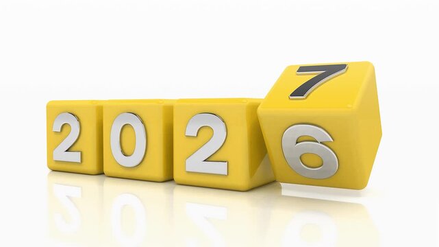 Video animation of orange cubes and the years 2026 and 2027 in silver on a white reflective background - represents the new year 2027 - vacation concept.