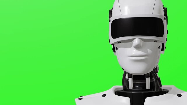 Friendly AI robot face looking at the camera on a green screen background, presenting a helpful digital assistant concept for technology, innovation, artificial intelligence, automation, and futuristi