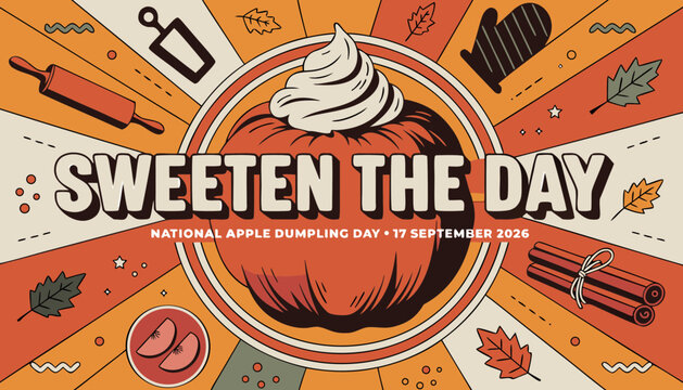 Vintage style poster celebrating national apple dumpling day with autumn colors