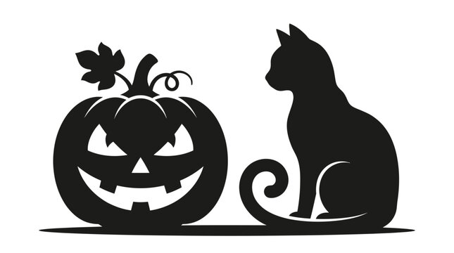 Halloween black cat silhouette with carved jack o lantern pumpkin. Spooky feline and holiday gourd vector illustration for seasonal decor.