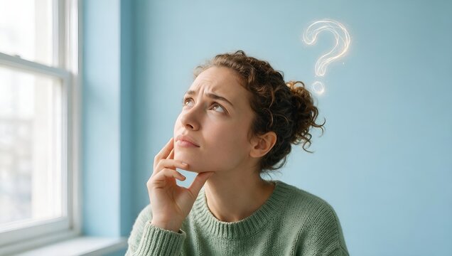 Pensive Woman Thinking with a Question Mark Symbol Floating Above Her Head in a Bright Room