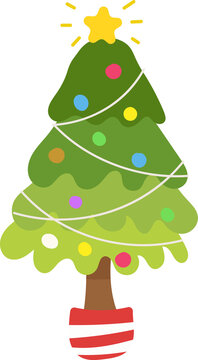Cute Christmas Tree with Colorful Ornaments and Star, Simple Vector Illustration