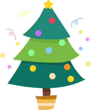 Cute Christmas Tree with Colorful Ornaments and Star, Simple Vector Illustration