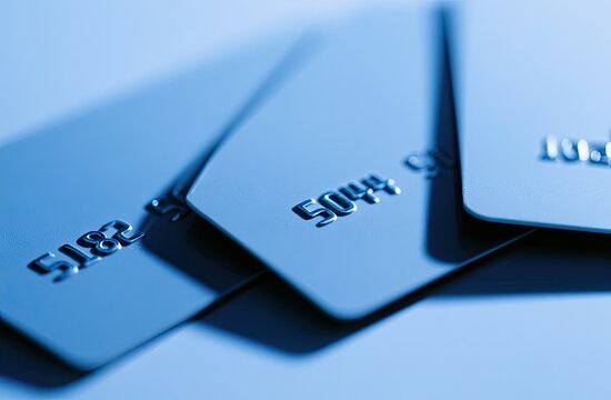 Close-up, angled view of three blank, blue-toned plastic cards with raised numbers