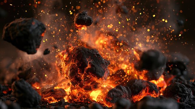 Fiery explosion of glowing embers and hot coals, scattering in mid-air
