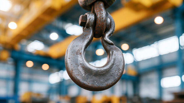 Heavy industrial crane hook with bolts and nuts in a factory interior.