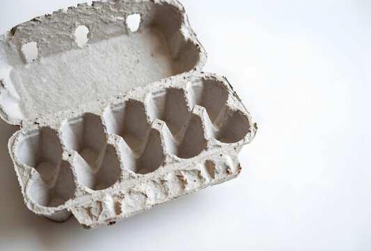 Empty egg carton, sustainability and eco-friendly packaging, recycled materials for environmental conservation on white background