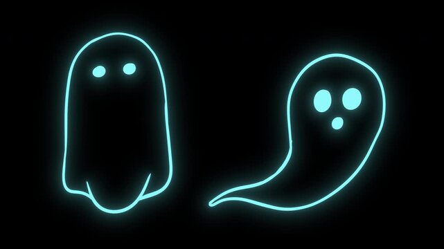 Glowing neon blue light 2D animated flying ghost set isolated on dark black background. Modern neon effect hand drawn spooky phantom loopable animation, vivid glowing light motion graphic for hallowee