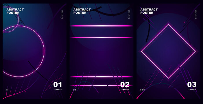Abstract neon geometric poster templates with glowing shapes on transparent background