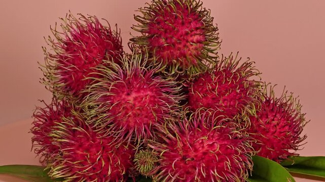 Rambutan fruits on backgroung. Panning shot.