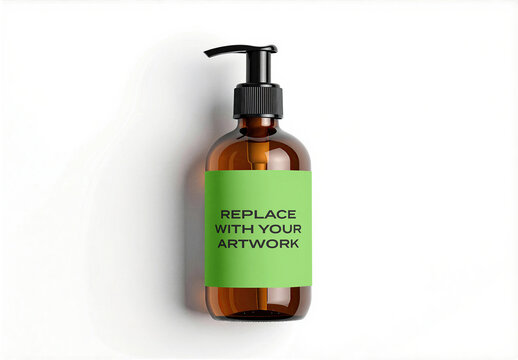 Glass pump bottle mockup with label placeholder on white background, product packaging presentation, branding template, clean studio environment, minimalist design, commercial use