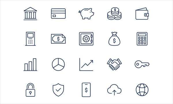 Set outline icons related to bank. Linear icon collection. Editable stroke. Vector illustration