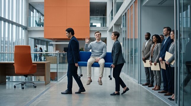 Junior employee carried past waiting colleagues