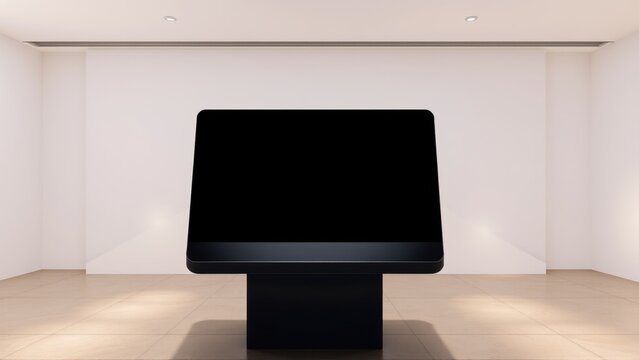Minimalist gallery space features dark rectangular display on pedestal. Bright spotlights illuminate floor, creating dramatic effect. Clean, modern aesthetic.