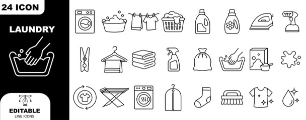 Fototapeta premium Laundry Service Line Icons Set Washing Machine Dry Cleaning Clothes Care Minimal Outline Household Laundry Equipment Garment Hygiene Textile Symbols Vector Collection editable stroke