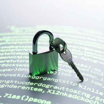 Digital Security Concept - Open Padlock with Key on Computer Code Background.