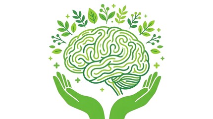 Obraz premium Human brain growing with green leaves held by caring hands representing growth