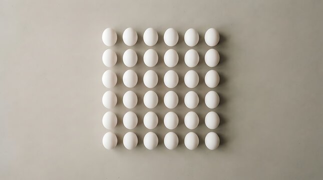 Minimalist top-down view of fresh white eggs arranged in a perfect square grid pattern on a neutral background, inspired by organic farm produce