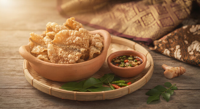 Crispy traditional Patani fish crackers from Southern Thailand served with spicy dipping sauce, fresh herbs, and chilies on a rustic wooden table in warm natural light.