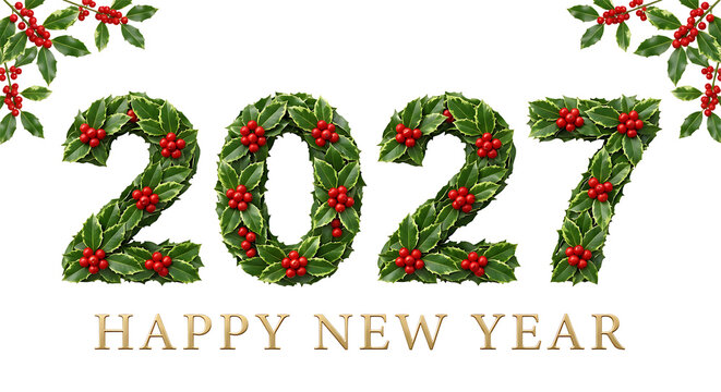 Happy New Year 2027 text made of holly leaves and red berries isolated on transparent background