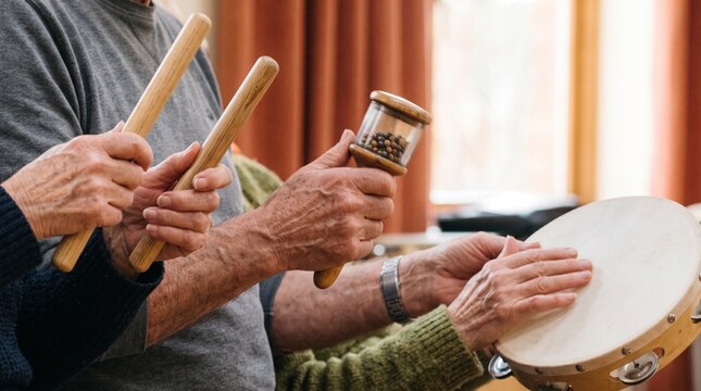 Experienced hands play percussion in a social workshop