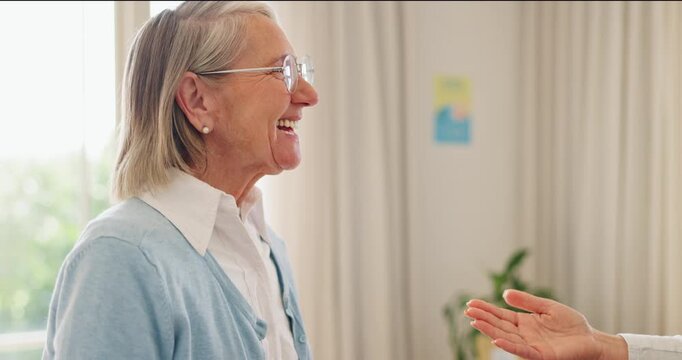 Woman, nurse and check glasses at home for eyecare, vision and glaucoma help for pensioner. Old person, doctor and health insurance with happy on face, optometry and frame fitting with satisfaction