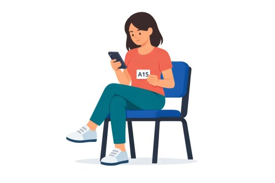 Woman sitting on a blue chair, engaging with her mobile phone while holding a service queue number ticket, symbolizing modern waiting experiences